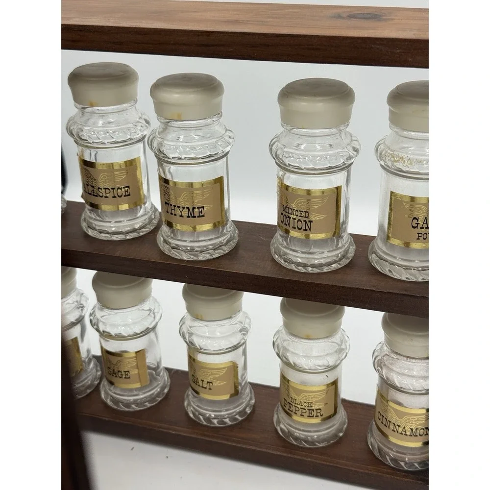 Antique Wood Spice Cabinet Rack w/ 10 Glass Jars & Lids